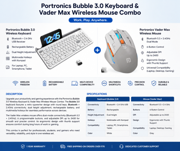 Portronics Bubble 3.0 Wireless Keyboard + Vader Max Wireless Mouse Combo | Bluetooth + 2.4GHz |
