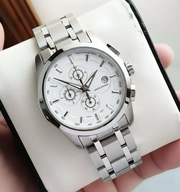 AMERICANVIBER Modern Analog Watch, Silver and Black Two-Tone Stainless Steel Band, Octagonal Case, White Dial for Men